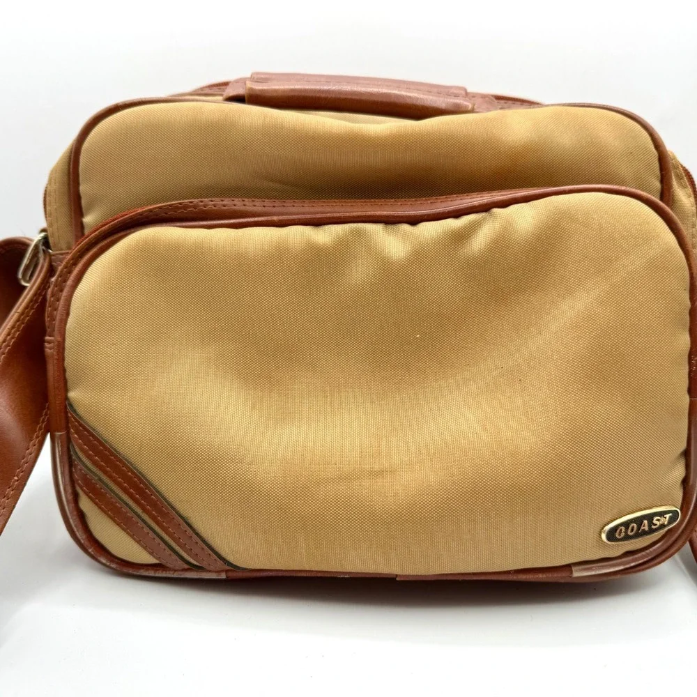 Coast Vintage Tan Canvas Brown Faux Leather Camera Messenger Bag Multi-Pocket